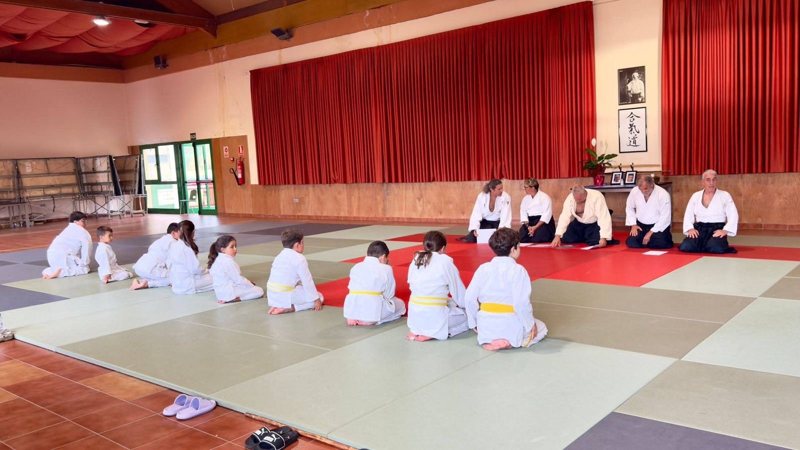 Niños de Kaika Dojo en seiza durante un examen de grado